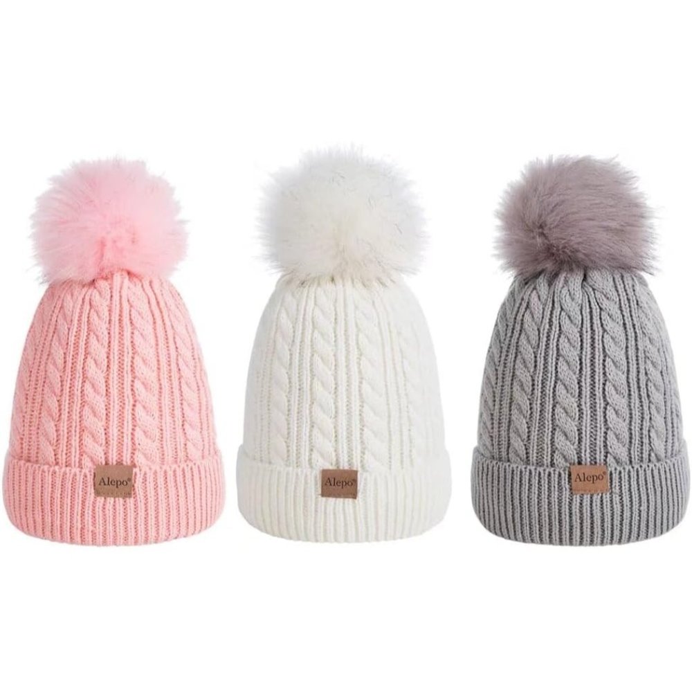 Kids Winter Beanie Children's Warm Fleece Lined Knit Thick Ski Cap with Pom